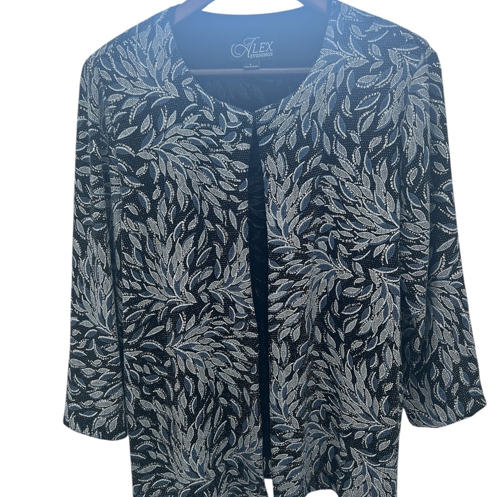 Alex Evenings Women’s Large Black Silver Leaf Pattern Dressy Evening Jacket